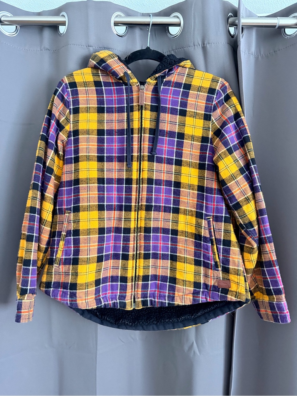 L.L. Bean Yellow and Purple Plaid fuzzy Hooded Zip Jacket